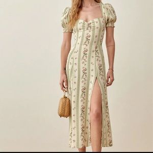 Reformation Cream and Green Floral Stripe Midi Dress